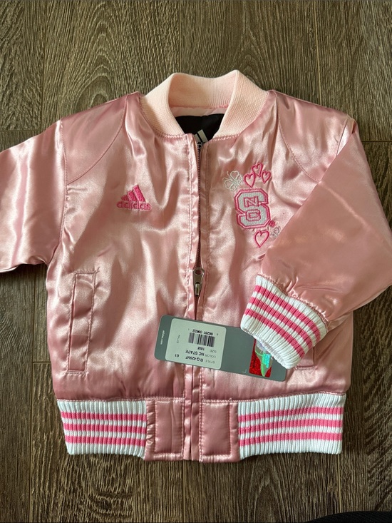 adidas Other - adidas Pink Satin Kids Bomber Jacket with Striped Ribbing